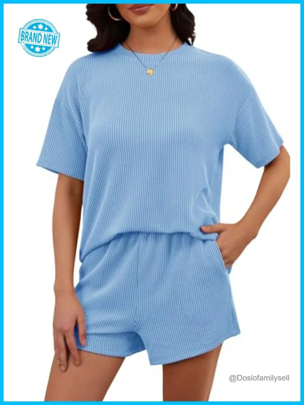 Women's 2 Piece Lounge Shorts Set Ribbed Knit Short Sleeve Outfit Matching